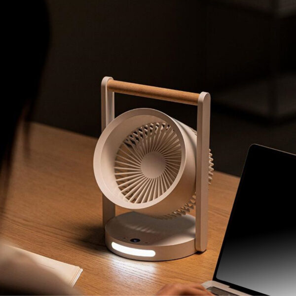 Mini Desk Fan, 90° Rotate Table Fan, Quiet Operation Table Fan With Wooden Handle, LED Night Light, 5 Speeds Strong Air, LED Battery Level Display Dark Gray