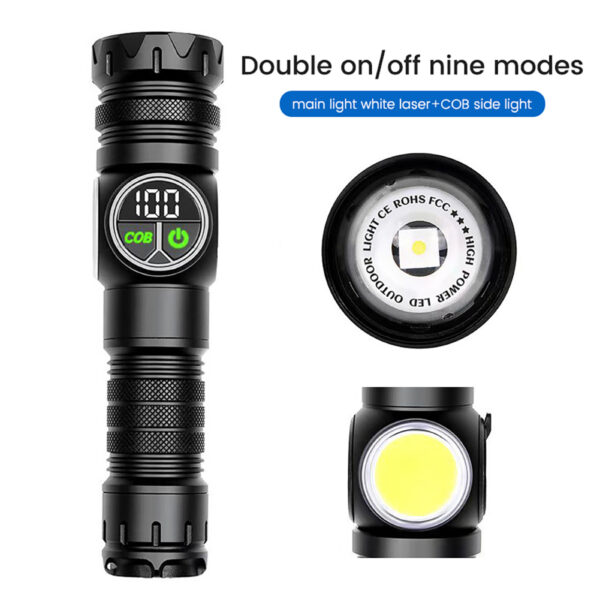 LED Torch, Digital Display USB Rechargeable Flashlight, 250000 Lumens Brightest Torch With COB Side Light Mode, 5 Lighting Modes Telescopic Zoom Flashlight No batteries included