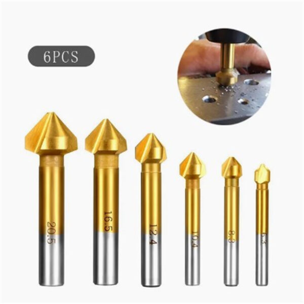 6Pcs Chamfering End Mill Tool High Speed Steel Titanium-Coated 3 Flute 90 Degree Countersink Drill Bit Set (6.3mm/8.3mm/10.4mm/12.4mm/16.5mm/20.5mm) 6pcs chamfer [136g]