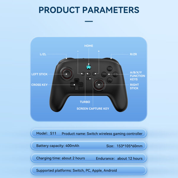 S11 Games Controller Wireless Rechargeable Handheld Controller With Vibration Motors Technology Compatible For Switch Pro Console black