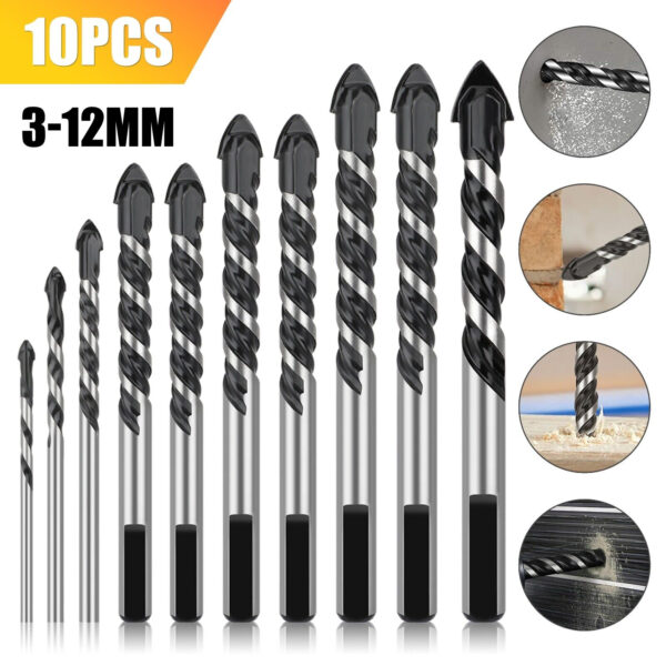 10Pcs Professional Masonry Drill Bit Set 1/8 Inch 5/32 Inch 3/16 Inch 1/4 Inch 5/16 Inch 3/8 Inch 1/2 Inch Multi-Size Industrial Strength Carbide Drill Bit Tip, For Glass, Brick, Plastic, Cement, Wood, Tile 10Pcs triangular bit