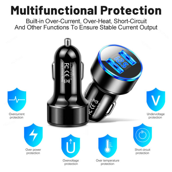 Car Charger Dual Port USB Fast Charging Adapter For Mobile Phones Tablets LED Display Circuit Protection 12V/24V Universal For Most Vehicles silver