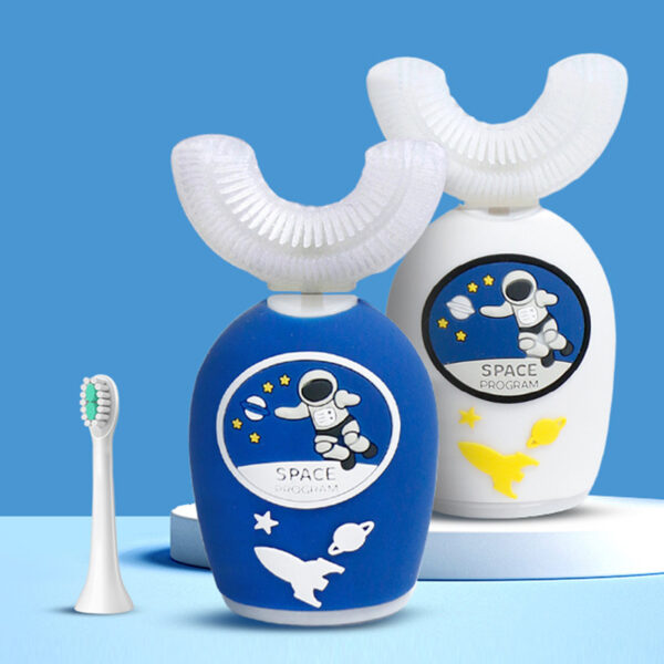 Kids U Shaped Electric Toothbrush, Toothbrush Kids With 3 Modes, Easy Operation Cartoon Astronaut 360-Degree Cleaning IPX7 Waterproof Design For 2-13 Years Kids + straight st Toothbld