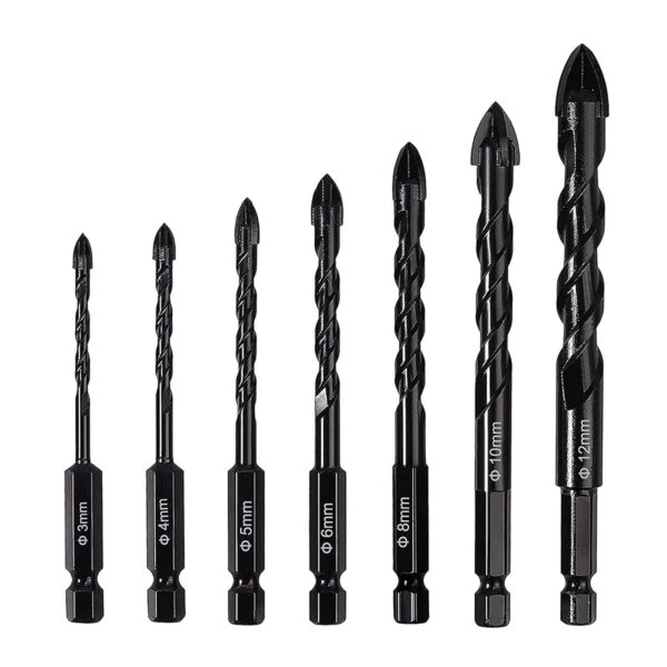 Concrete Drill Bit, 7Pcs Masonry Drill Bit Set With U-shaped Groove, 1/4 Hexagonal Handle, Cross Shaped Tip Design, High Hardness Metal Tile Drill Bit 3-12 seven black cross