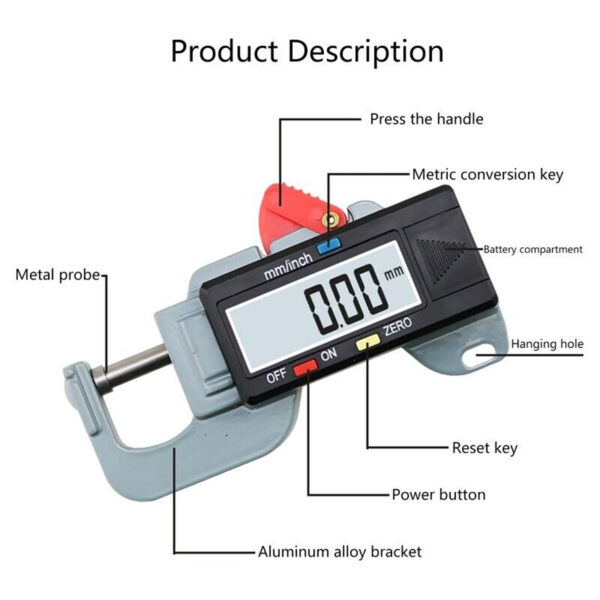 Digital Thickness Gauge, 0.5 Inch/12.7mm, Resolution 0.0005""/0.01mm, Inch/Millimeter Conversion Thickness Gauge Measuring Tool For Paper, PU Leather, Metal Plate 12.7MM thickness gauge